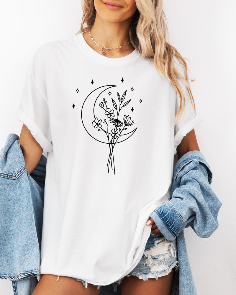 Flower and Moon Nature botanical Garment Dyed T Shirt