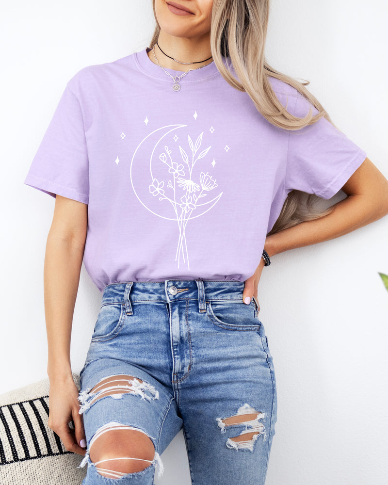 Flower and Moon Nature botanical Garment Dyed T Shirt