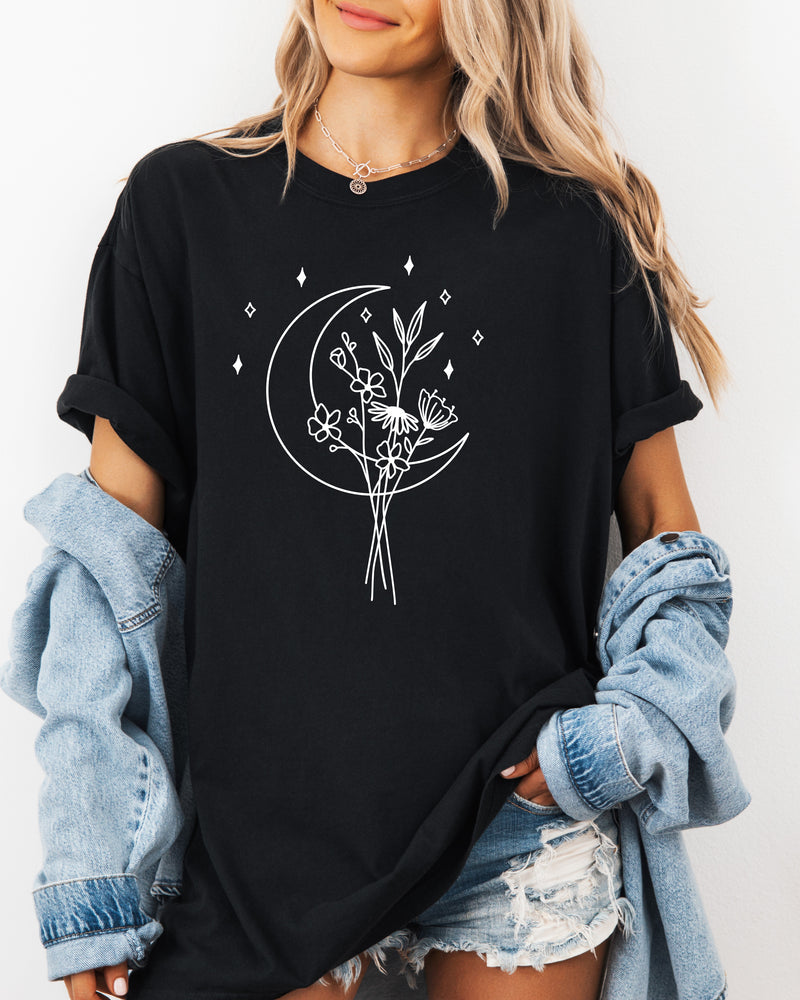 Flower and Moon Nature botanical Garment Dyed T Shirt