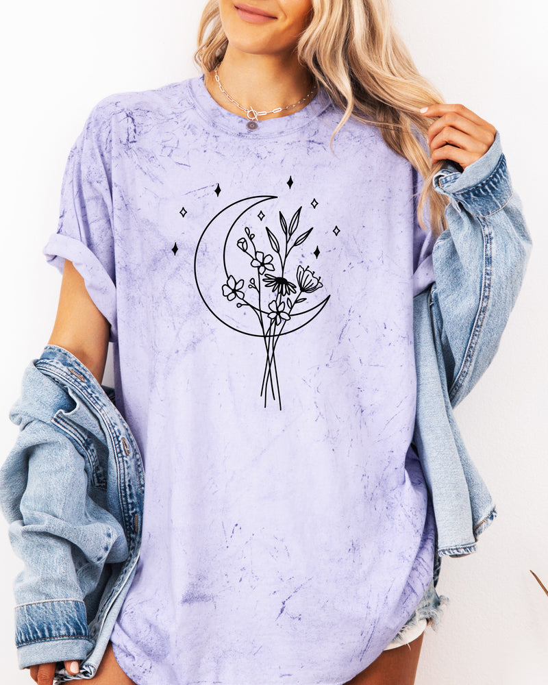 Flower and Moon Nature botanical Garment Dyed T Shirt