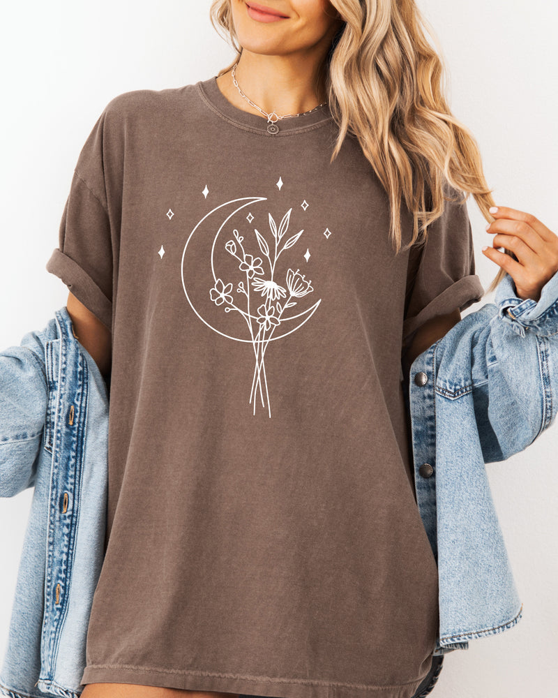 Flower and Moon Nature botanical Garment Dyed T Shirt
