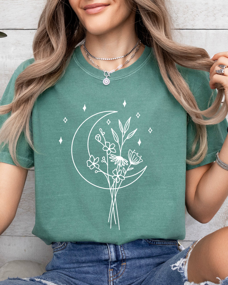 Flower and Moon Nature botanical Garment Dyed T Shirt