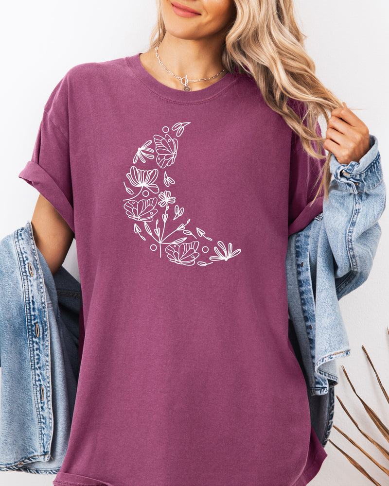The Moon made of Flowers Nature botanical Garment Dyed T Shirt