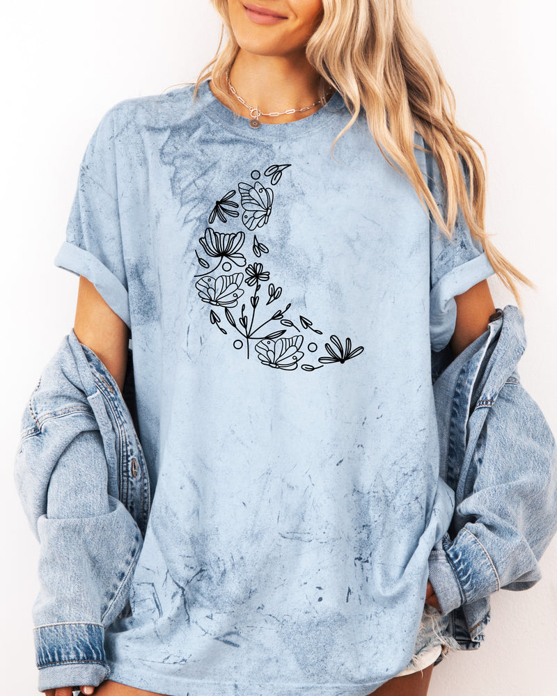The Moon made of Flowers Nature botanical Garment Dyed T Shirt