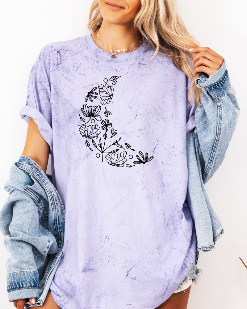 The Moon made of Flowers Nature botanical Garment Dyed T Shirt
