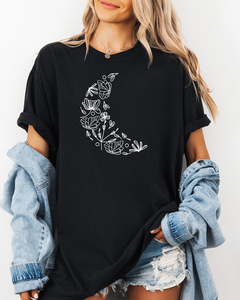 The Moon made of Flowers Nature botanical Garment Dyed T Shirt