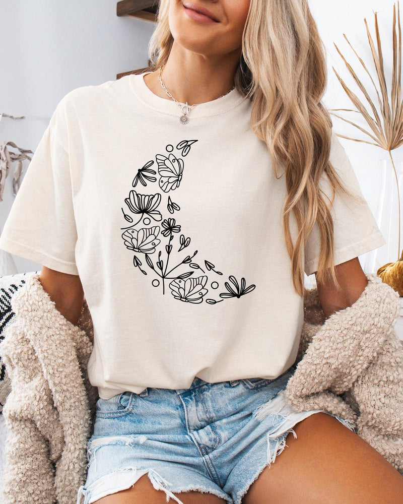 The Moon made of Flowers Nature botanical Garment Dyed T Shirt