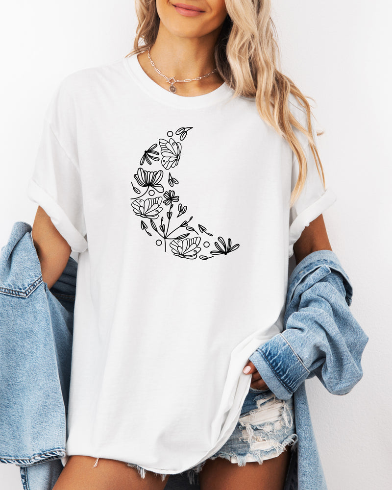 The Moon made of Flowers Nature botanical Garment Dyed T Shirt