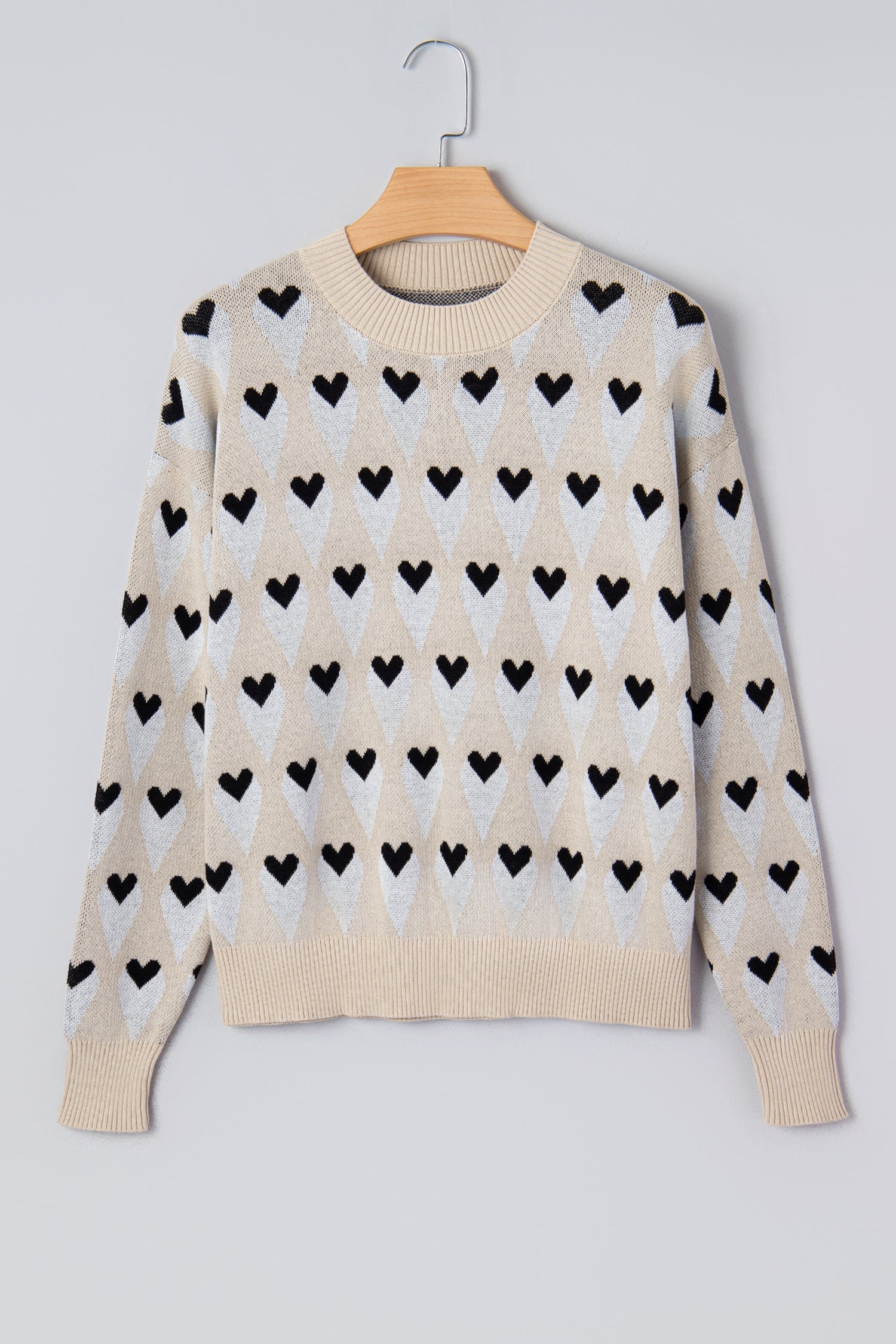 Brynlee Geometric Heart Print Ribbed Trim Loose Sweater